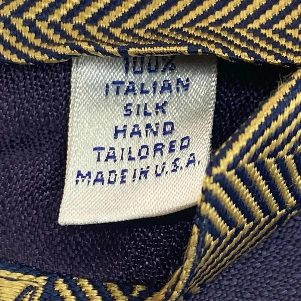 PAUL FREDRICK Mens Silk Necktie Navy Gold Geometric‎ Rectangles 57